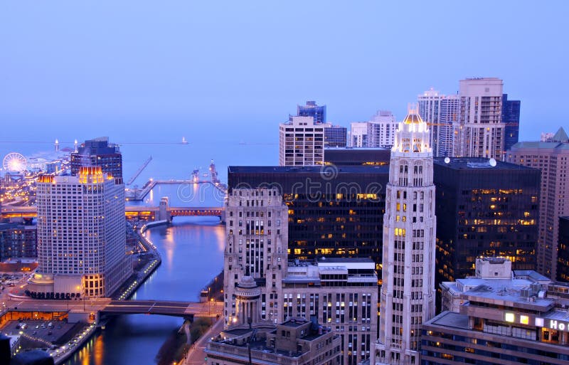 Chicago River from above at dusk. Navy Pier is seen on the far left side. Chicago River from above at dusk. Navy Pier is seen on the far left side.