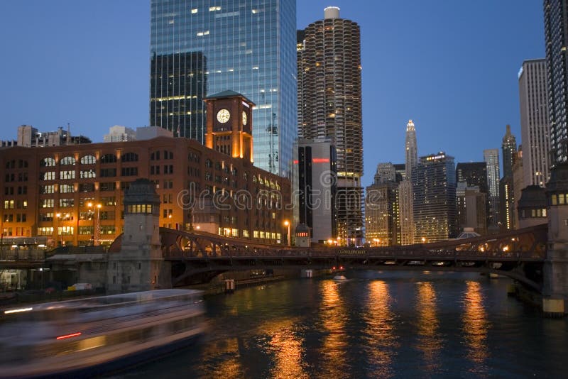 Boating Chicago River evening time. Boating Chicago River evening time