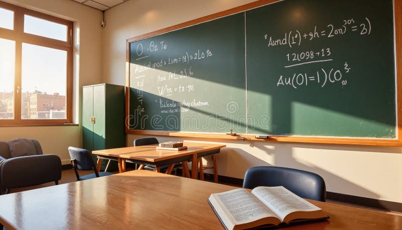 Równania tablicy w jasnym otoczeniu szkolnym korytarza edukacyjnego zdjęcia stock