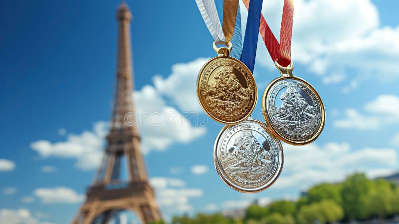 Różne medale sportowe złoty brąz srebrny na tle wieży Eiffla pod niebieskim niebem. letnie igrzyska olimpijskie w paryżu zdjęcie stock