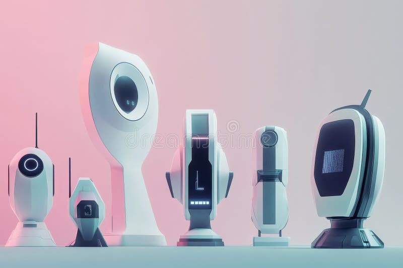 Różne roboty futurystyczne wyświetlane na czystej powierzchni z miękkim oświetleniem obraz stock