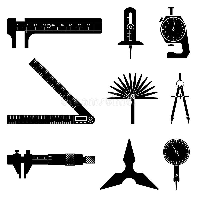 Różne rodzaje instrumentów pomiarowych Ikony płaskie Wektor sylwetki ilustracja wektor