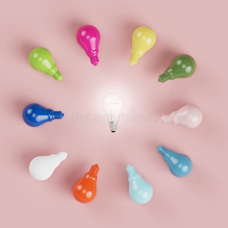 Different colorful pantone pastel lightbulb with circle shape with middle lighing on. minmal concept. top view. Different colorful pantone pastel lightbulb with circle shape with middle lighing on. minmal concept. top view