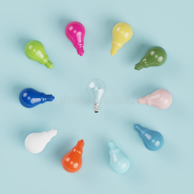 Different colorful pantone pastel lightbulb with circle shape with middle lighting bulb. minmal concept. top view. Different colorful pantone pastel lightbulb with circle shape with middle lighting bulb. minmal concept. top view