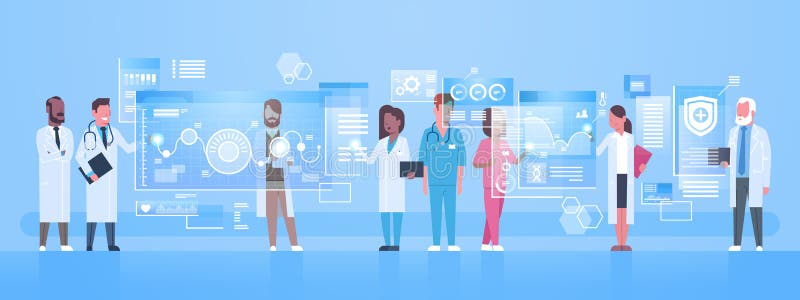 Różnorodnego lekarki grupy Use Wirtualny ekran komputerowy Z Digital Zapina innowaci technologii pojęcia Nowożytny Medycznego ilustracji Różnorodnego lekarki grupy Use Wirtualny ekran komputerowy Z Digital Zapina innowaci technologii pojęcia Nowożytny Medycznego ilustracji