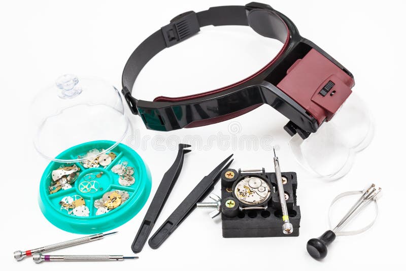 Różnorodni narzędzia z wspinającym się magnifier zdjęcia stock