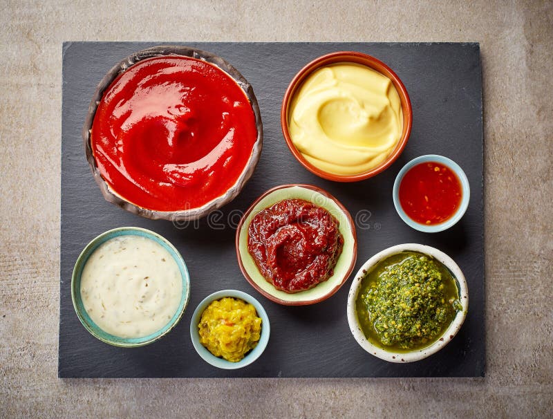 Bowls of various dip sauces, top view. Bowls of various dip sauces, top view