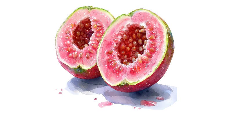 Różowa guava o połowę pokazuje nasiona wyizolowane na przezroczystym tle. zdjęcia stock