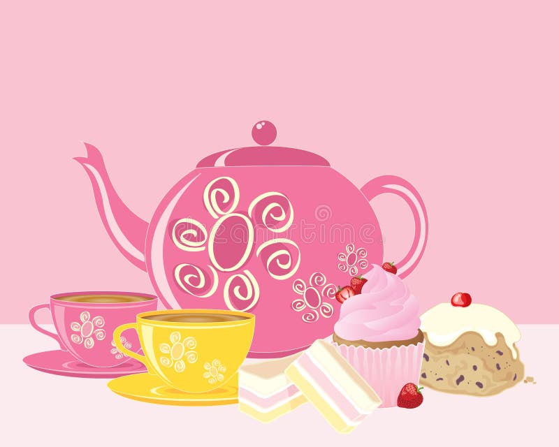 Różowa popołudniowa herbata z dekorującym crockery i wyśmienicie tortami