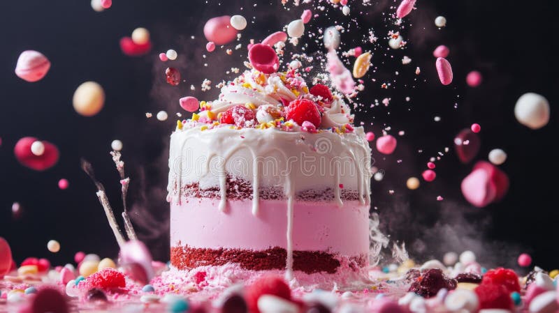 Różowe ciasto warstwowe z posypkami i wybuchem Confetti ilustracja wektor
