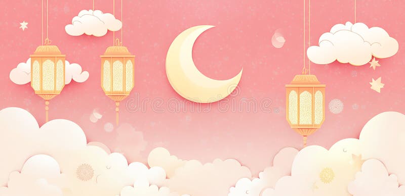 Różowe Niebo Świąteczne Latarnie Ramadan Księżyc Chmury Projekt Art Cut Eid Soft CalImage Paper ilustracji