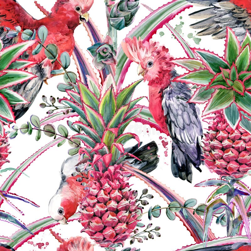 Pink pineapple, pink cockatoo parrot hand drawn watercolor seamless pattern. Pink pineapple, pink cockatoo parrot hand drawn watercolor seamless pattern