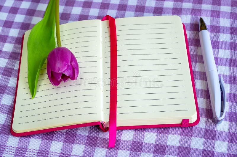 Różowy notepad z ballpoint piórem i jeden purpurowym tulipanem na białym purpurowym w kratkę tekstylnym tle prążkowanym papieru, zdjęcia royalty free Różowy notepad z ballpoint piórem i jeden purpurowym tulipanem na białym purpurowym w kratkę tekstylnym tle prążkowanym papieru, zdjęcia royalty free