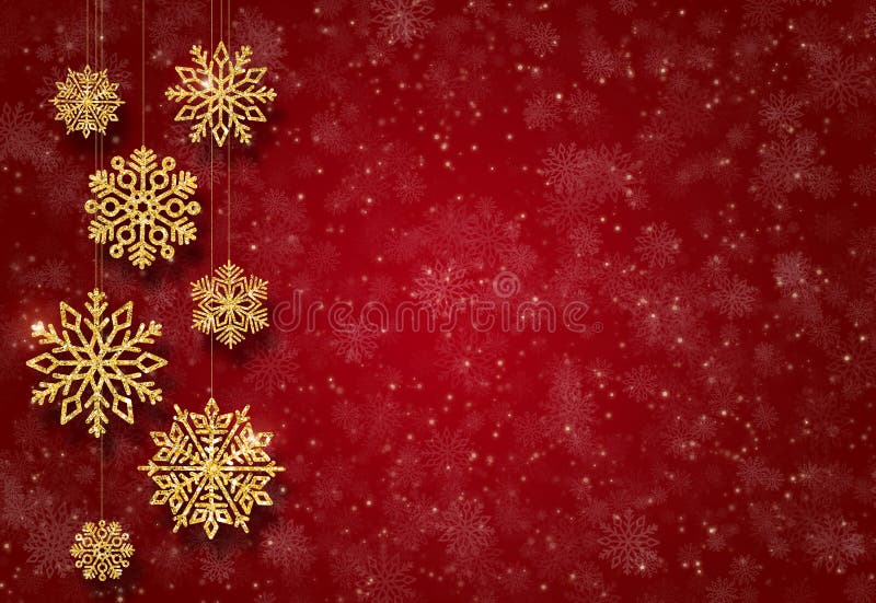 Röd bakgrund för nytt år med guld- julgranleksaker guld- snowflakes arkivbilder Röd bakgrund för nytt år med guld- julgranleksaker guld- snowflakes arkivbilder