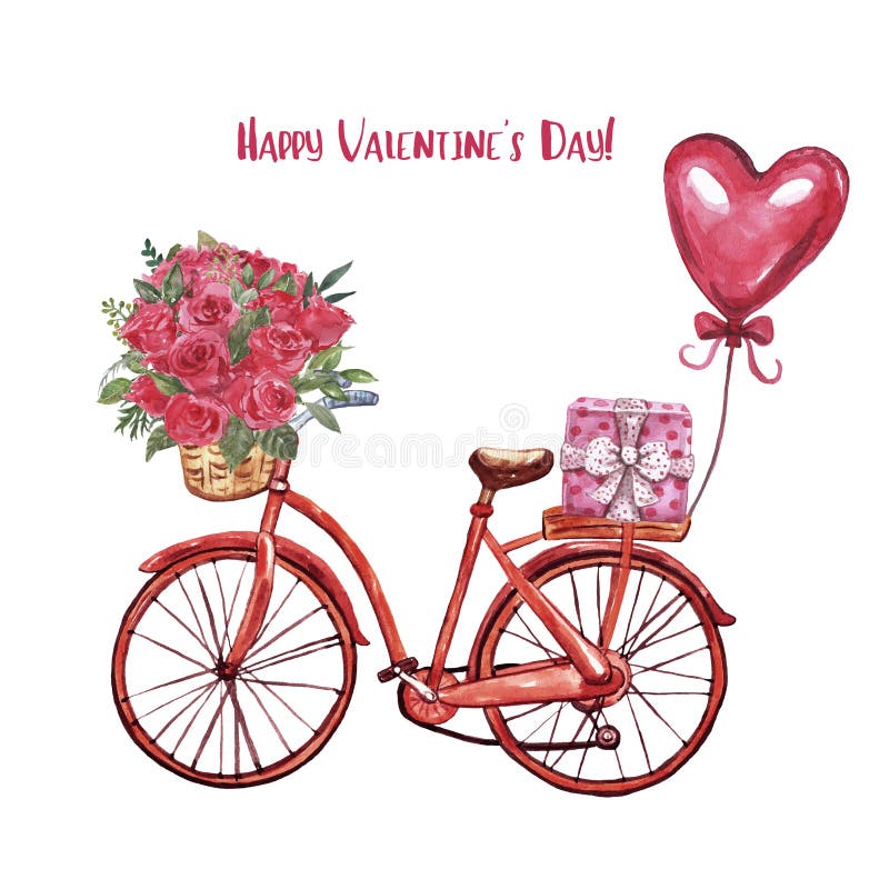 Röd cykel med vattenfärg och blommor Rödfärgad cykel, rosor i korg, hjärtformad luftballong Alla hjärtans dagstema vektor illustrationer