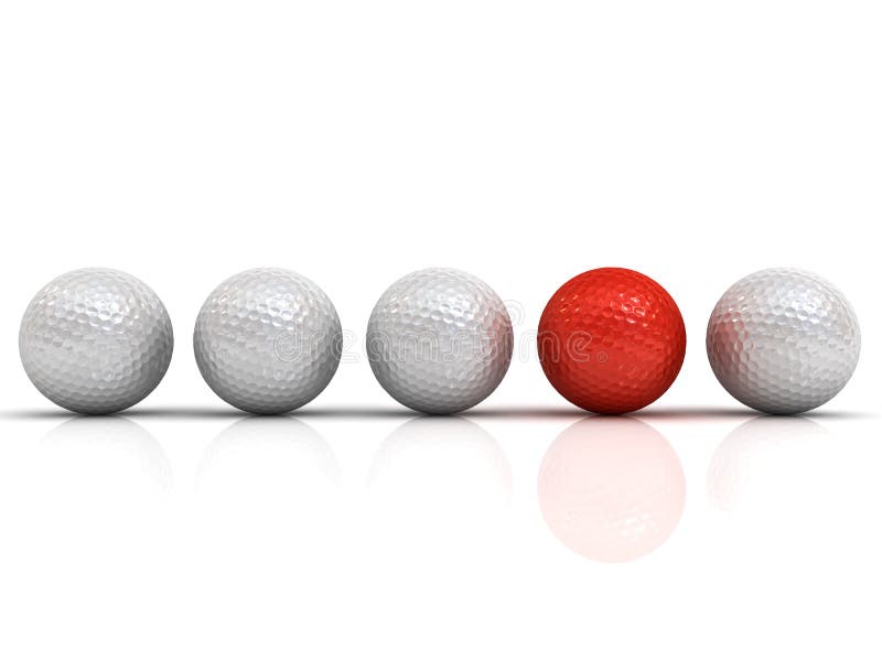 Röd golfboll bland vita golfbollar står ut från folkmassabegreppet stock illustrationer Röd golfboll bland vita golfbollar står ut från folkmassabegreppet stock illustrationer