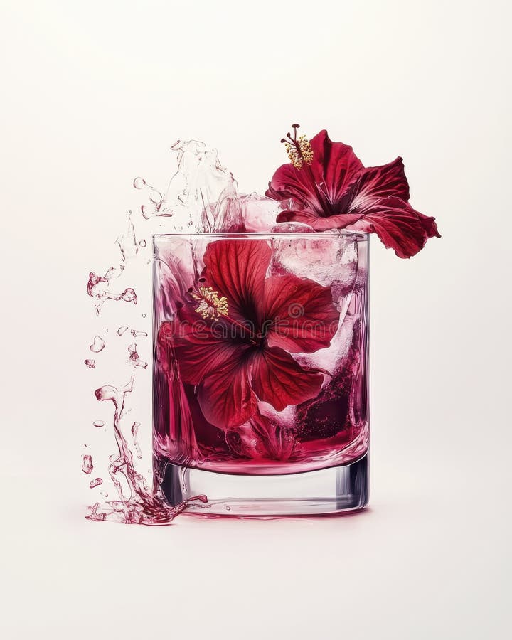 Röd Hibiscus Flower Iced Drink i Glass Water Splash White Background royaltyfri illustrationer