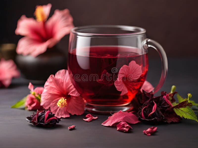 Röd hibiscus-tedryck med blommor och torra petaler. örtte av slaktade petaler i en genomskinlig glaskopp på ett mörkt stock illustrationer