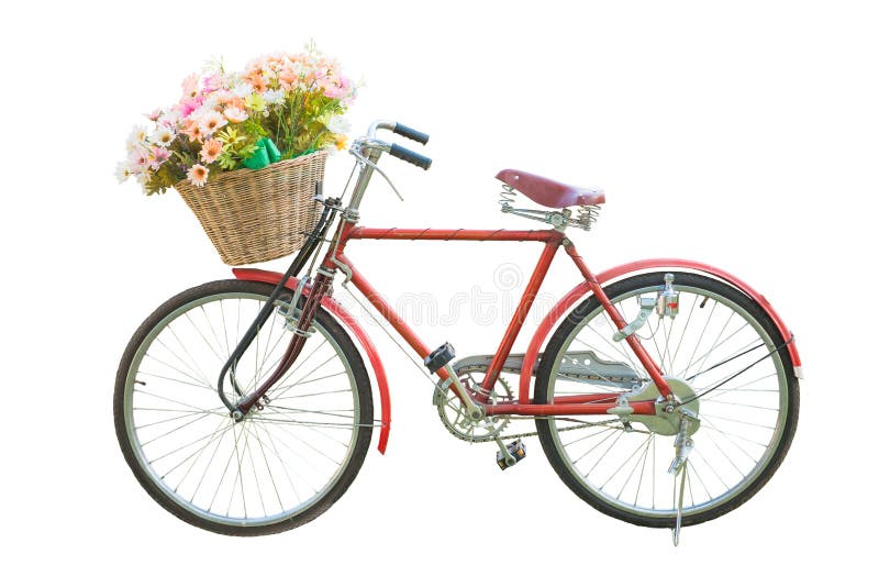 Röd klassisk cykel med blomman i korgisolat arkivbild Röd klassisk cykel med blomman i korgisolat arkivbild