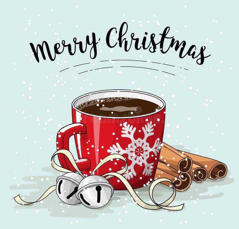 Röd kopp kaffe med kanel- och klirrklockor, julillustration