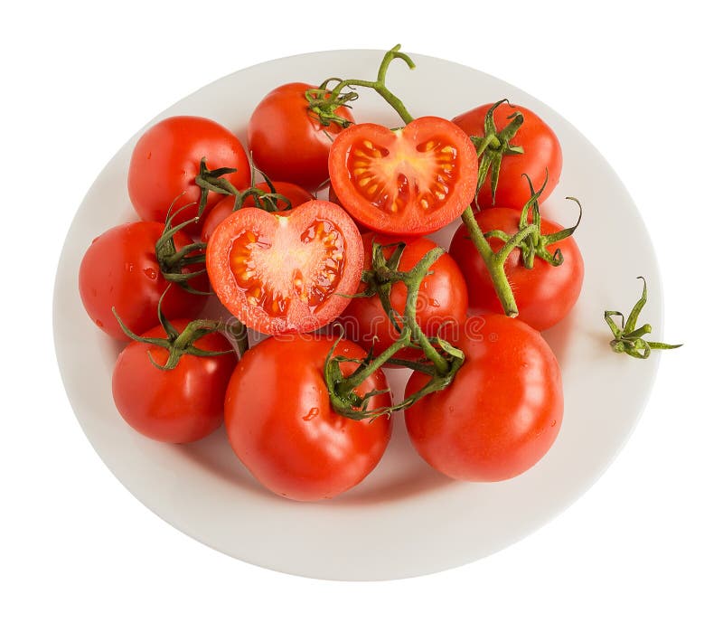 Röd mogen tomatfilial på en vit platta som isoleras på vit bakgrund Begrepp av sund mat och vegetarisk mat, slut upp, bästa v royaltyfri foto Röd mogen tomatfilial på en vit platta som isoleras på vit bakgrund Begrepp av sund mat och vegetarisk mat, slut upp, bästa v royaltyfri foto