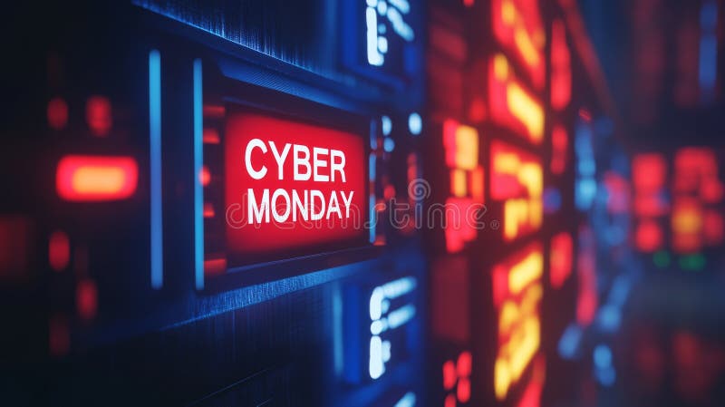 Röd och blå neon-skylt med cyber måndag royaltyfri illustrationer