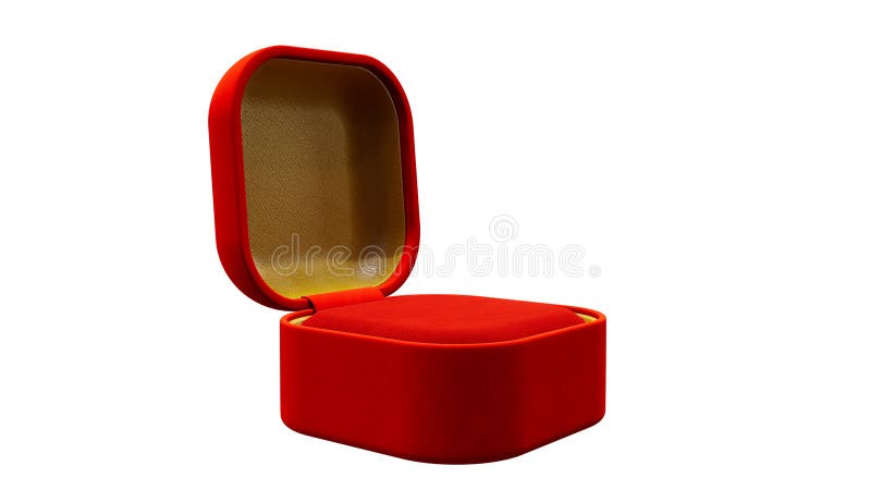 Röd och gulaktig, öppen, tom bijouterie-gåva på vitt, isolerat objekt 3d-rendering. Röd och gyllene öppna tomma smycken på vitt isolerat objekt 3d illustration