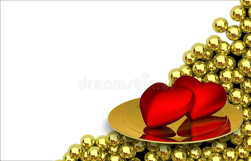 Röd platta för heartson två och glansiga guld- sfärer royaltyfri illustrationer Röd platta för heartson två och glansiga guld- sfärer royaltyfri illustrationer
