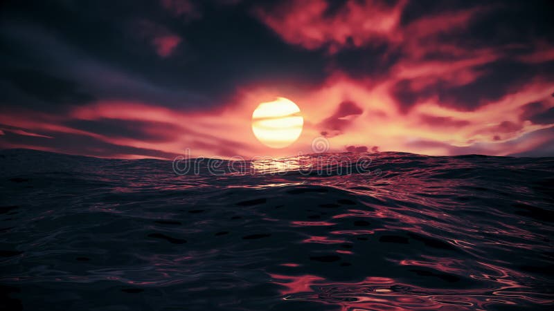 Röd, vacker solnedgång över havet med rött himmel och fantastiskt hav med vågor vektor illustrationer