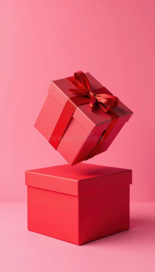 Röd öppen presentlåda hovrar över en annan låda på en öppen presentgåva för rosa bakgrunder stock illustrationer