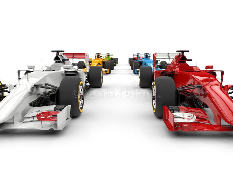 Röda bilar för formel en - och vit framtill rad royaltyfri fotografi Röda bilar för formel en - och vit framtill rad royaltyfri fotografi