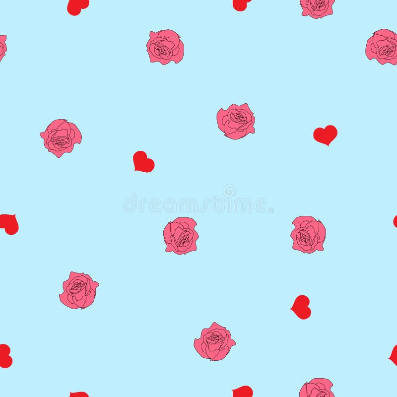 Röda hjärtor för sömlös modell och rosa rosor på blått, vektor eps 10 stock illustrationer Röda hjärtor för sömlös modell och rosa rosor på blått, vektor eps 10 stock illustrationer