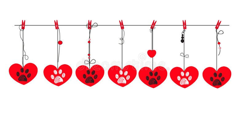 Red hearts with white and black paw prints. Happy Valentine`s day greeting card. Red hearts with white and black paw prints. Happy Valentine`s day greeting card