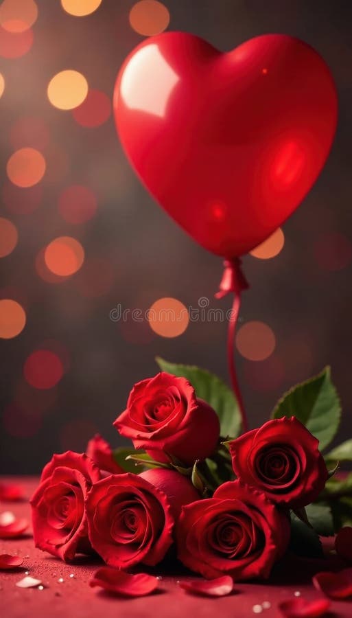 Röda rosor röd ballong mousserande bakgrund Alla hjärtans dag-bordsmeddelande Fotografi stock illustrationer
