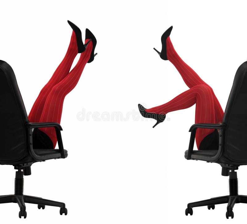 2 pairs of women's legs in red stockings high in the air. 2 pairs of women's legs in red stockings high in the air