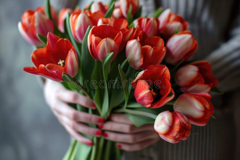 Röda tulpaner i unga kvinnorhänder med röda nagellack som inte kan kännas igen. blommor, planerad florist. leverans. vektor illustrationer