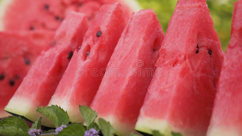 Röda vattenmelonskivor på en platta Kameraglidbana och panna