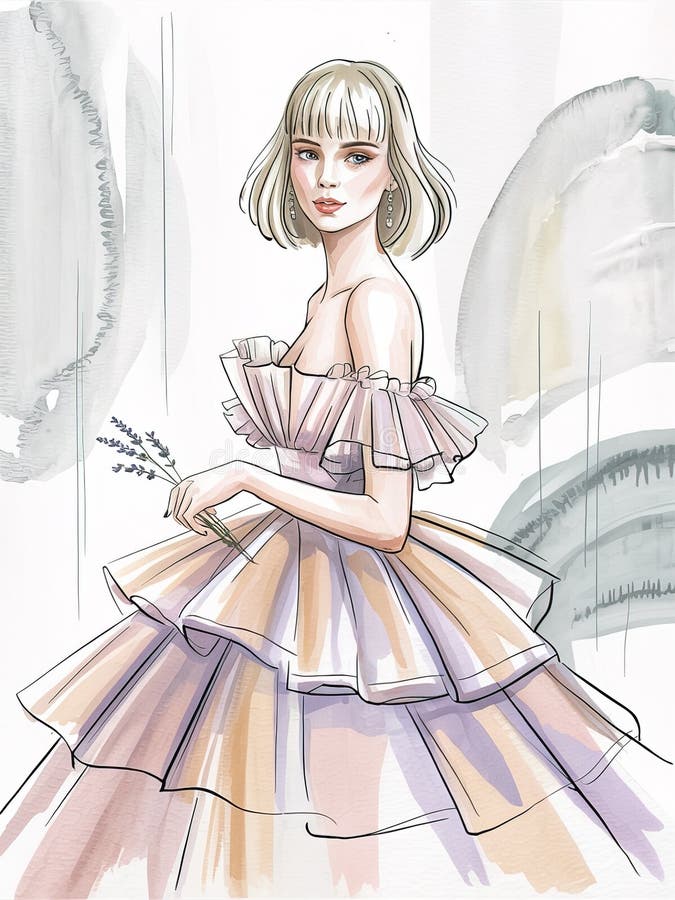 Rödflådd blondinkvinna i blomningskran har lavender bouquet med vattenfärgbakgrund vektor illustrationer