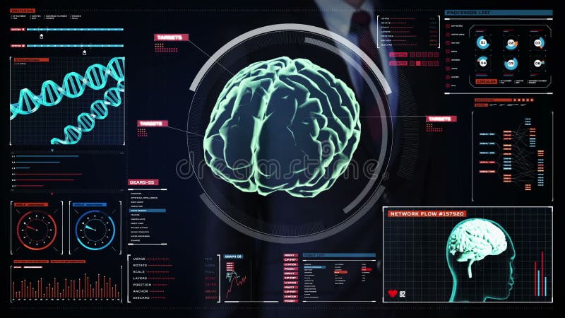 Rörande digital skärm för affärsman, avläsande hjärna i instrumentbräda för digital skärm röntgenstrålesikt
