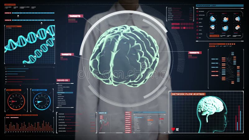 Rörande digital skärm för kvinnlig doktor, avläsande hjärna i instrumentbräda för digital skärm röntgenstrålesikt