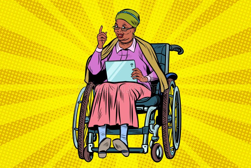 Rörelsehindrad person för äldre afrikansk kvinna i en rullstol, grej ta