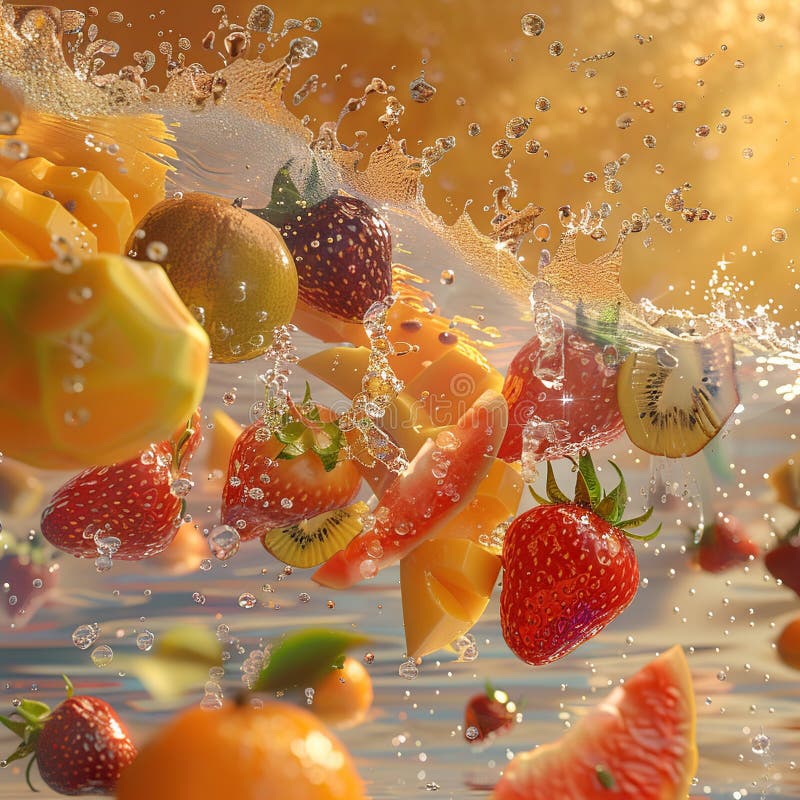 Rörlig tropiska fruktkorn på vattenhyper, detaljerad ritning med tonvikt på ramlinje stock illustrationer