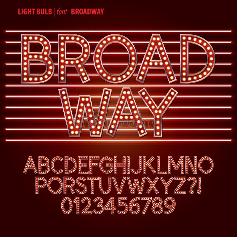 Rött alfabet Broadway för ljus kula och siffravektor