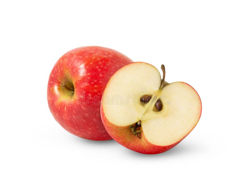 Rött färskt äpple och ett halvisolerat. Rosa honäpplen och en skärning med urklippsbana. royaltyfri illustrationer