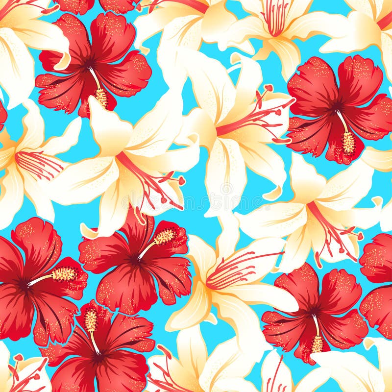 Rött, vit och den gula tropiska hibiskusen blommar den sömlösa modellen vektor illustrationer