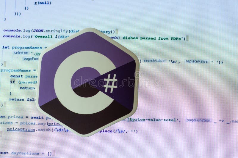 Moscow, Russia - 1 June 2020: C sharp logo sign with program code on background Illustrative Editorial. Moscow, Russia - 1 June 2020: C sharp logo sign with program code on background Illustrative Editorial.