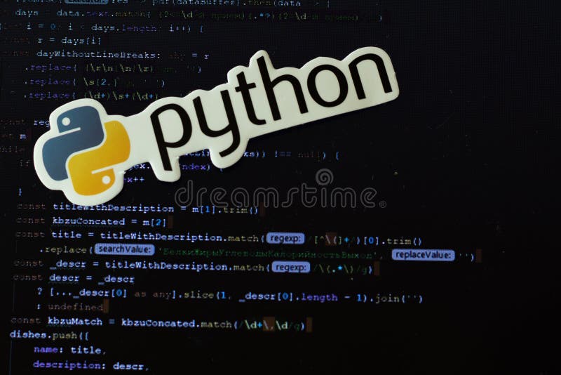 Moscow, Russia - 1 June 2020: Python logo sign with program code on background Illustrative Editorial. Moscow, Russia - 1 June 2020: Python logo sign with program code on background Illustrative Editorial.