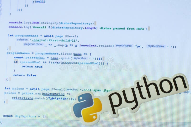 Moscow, Russia - 1 June 2020: Python logo sign with program code on background Illustrative Editorial. Moscow, Russia - 1 June 2020: Python logo sign with program code on background Illustrative Editorial.