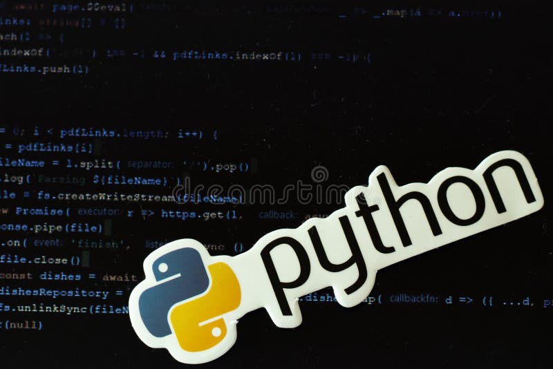 Moscow, Russia - 1 June 2020: Python logo sign with program code on background Illustrative Editorial. Moscow, Russia - 1 June 2020: Python logo sign with program code on background Illustrative Editorial.