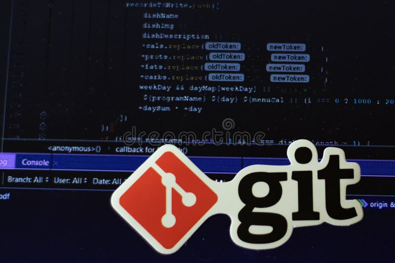 Moscow, Russia - 1 June 2020: Git logo sign with program code on background Illustrative Editorial. Moscow, Russia - 1 June 2020: Git logo sign with program code on background Illustrative Editorial.